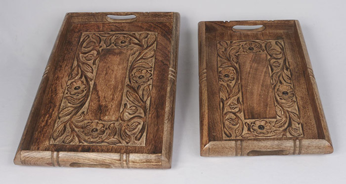 Set of 2 Mango Wood Flower Design Trays